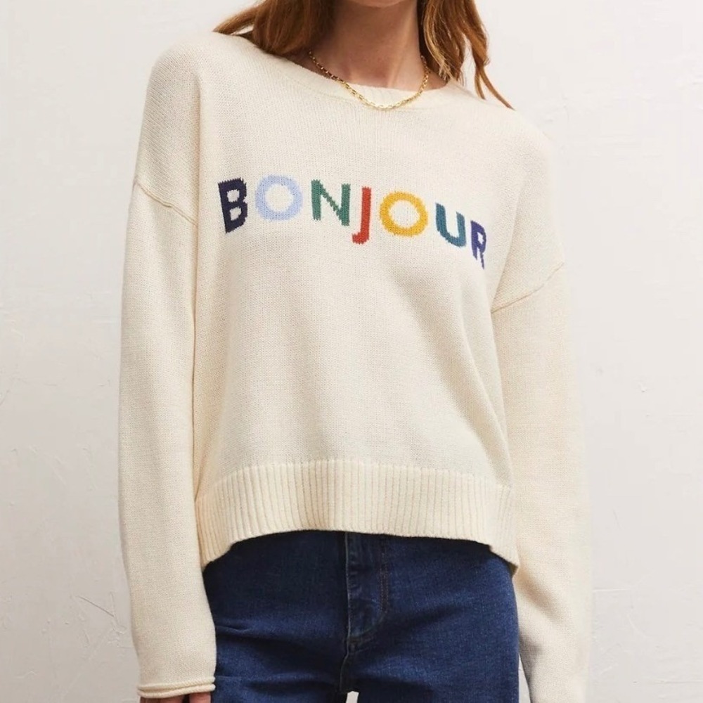 Z Supply Bonjour Sweater Graphic 100% Cotton Knit Multicolor Women L French Girl